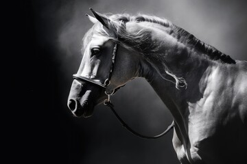 In motion, an Andalusian horse in a halter in mild smoke. Photograph in black and white. Generative AI