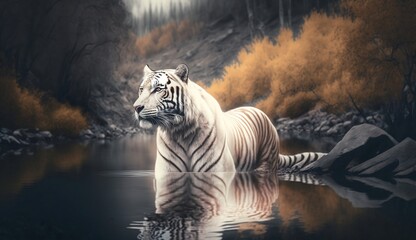 Fototapeta premium White tiger in the river,Generative AI