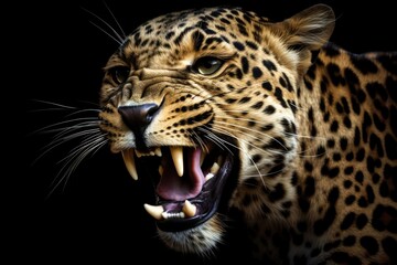 Beautiful large enraged leopard in close up, isolated on a dark background. Generative AI