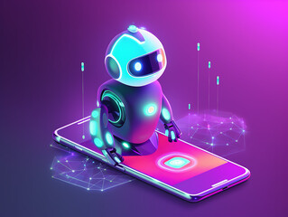 Futuristic cute robot in screen of smartphone. Concept of chatbot with artificial intelligence.