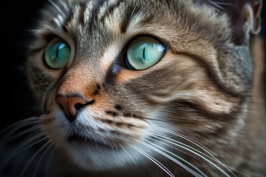 Blue green eyes of a silver brown cat are sharply in focus. image of an animal up close. Generative AI