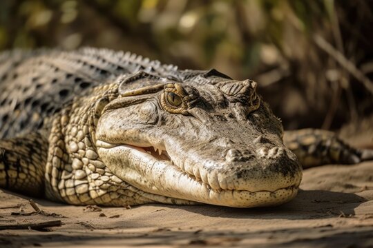 On the Namibian savanna, a Nile Crocodile rests on a riverbed. Generative AI