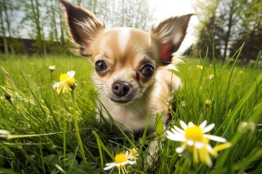 Chihuahua in a fresh green grass full of lovely yellow dandelions. A wide angle lens was used to capture the amusing portrait. Little but adorable puppy. Generative AI