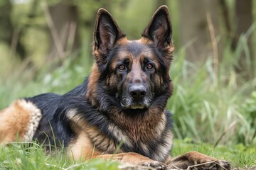 Three year old German Shepherd in frontal photograph. On the grass, lying down in Friesland, Netherlands. Generative AI