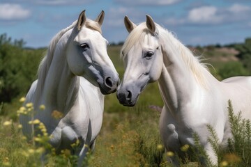 On a lush meadow, the white horse and bay horse can be seen. Generative AI