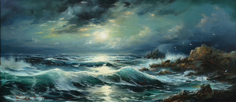 Rocky shore seascape with unspoiled sandy beach, quiet calm late night milky way stars sky and clouds, gentle ocean waves, illuminated by the moon, panoramic widescreen view - generative AI