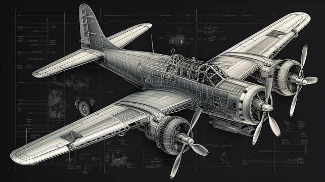 biplane airplane design drawing, biplane airplane sketch, hand-drawn biplane airplane drawing on a black background, lines illustration, Generative Ai