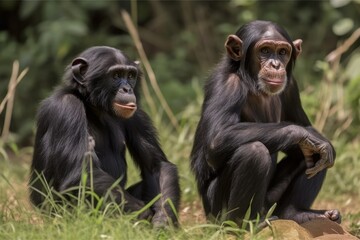 Chimpanzees Seated on Grass. Generative AI