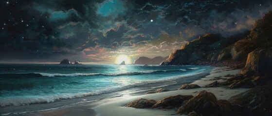 Obraz na płótnie Canvas Rocky shore seascape with unspoiled sandy beach, quiet calm late night milky way stars sky and clouds, gentle ocean waves, illuminated by the moon, panoramic widescreen view - generative AI