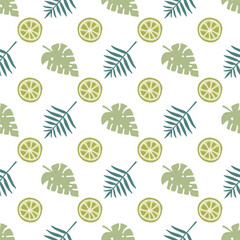 Beach seamless pattern. Summer time vacation background. Cute hand drawn vector illustration with monstera and palm leaves, citrus lime cocktail