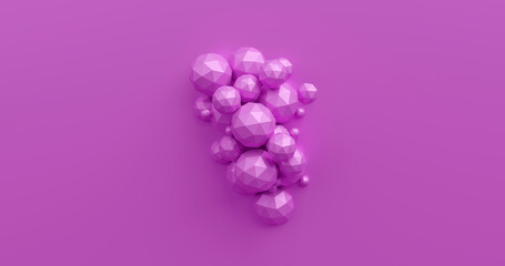 Low poly balls of molecules of different sizes are attracted to each other, abstract illustration in purple and pink, 3d rendering