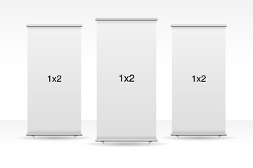 Set of 3 empty standee or rollup banner display mockup on isolated white background. Display mockup for presentation or exhibition product. Vertical blank roll up stand template in 1x2 sizes.