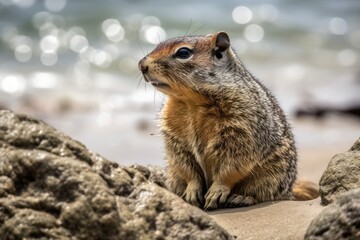 Naklejka na ściany i meble An enormous California Ground Squirrel in Monterey, California, resting on a rock along the shore. Generative AI
