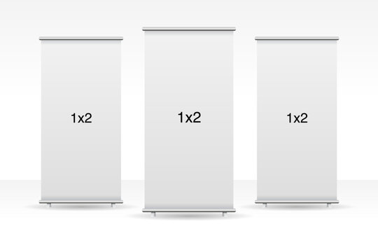 Set of 3 empty standee or rollup banner display mockup on isolated white background. Display mockup for presentation or exhibition product. Vertical blank roll up stand template in 1x2 sizes.