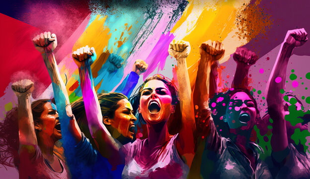 A group of women cheering at a party or protesting. Colourful background, Generative AI.
