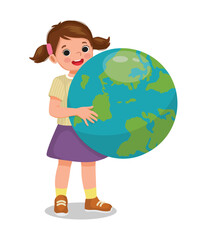 Fototapeta premium Cute little girl hugging earth globe showing care for the planet celebrating earth day