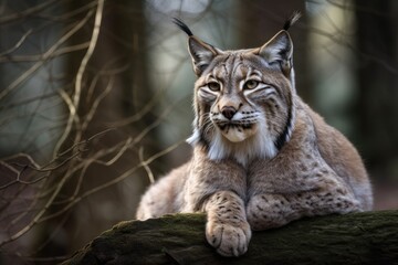 Obraz premium Lynx is seated in a dead tree. Generative AI
