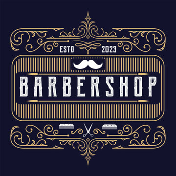 Barbershop logo design. Vintage lettering illustration on a deep blue background. All objects and text are in separate groups.