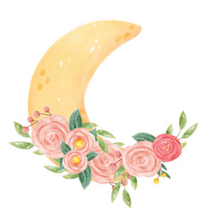 watercolour romantic sweet spring floral decoration on crescent the moon phase whimsical hand drawn illustration  © Natsicha