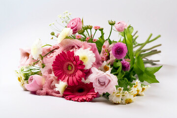 Mother's day carnations, bouquet. pure white background. generative Ai technology