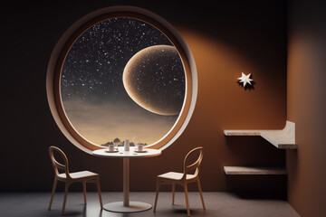 Table with two chairs in front of window with view of the moon and stars. Generative AI.