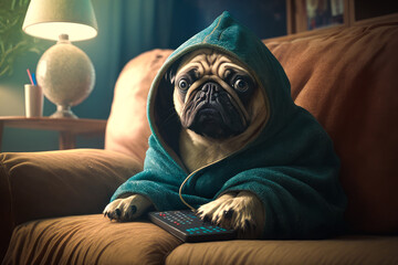 Pug dog in green robe sitting on couch with remote control. Generative AI.