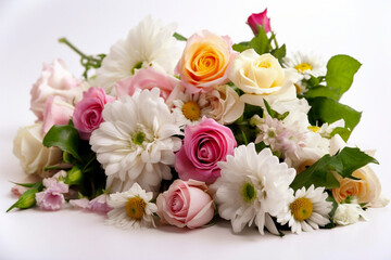 Obraz na płótnie Canvas Mother's day carnations, bouquet. pure white background. generative Ai technology