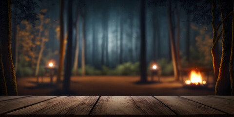 Empty wood table surface, nighttime camp fire forest blurred background, landscape template for product display, mockup, copy space