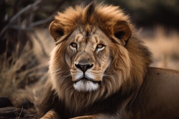 Fototapeta premium a picture of a majestic male lion lying down in Kenya's Maasai Mara reserve. Generative AI