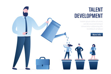 BIg boss or businessman uses watering can and pouring water on clerks or office workers standing in pots. Talent development. Mentorship, professional training. Business coaching for beginners © naum