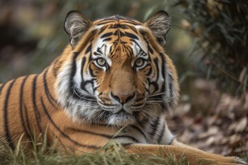Fototapeta premium Lying and resting on the grass is a tiger. Generative AI