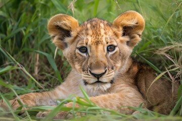 Obraz na płótnie Canvas Uganda's Murchison Falls National Park is home to a young lion cub. Generative AI