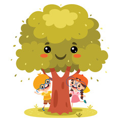 Cartoon Children Playing Under Tree