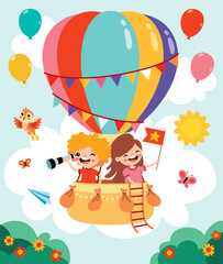 Obraz na płótnie Canvas Cartoon Kids Riding A Hot Air Balloon