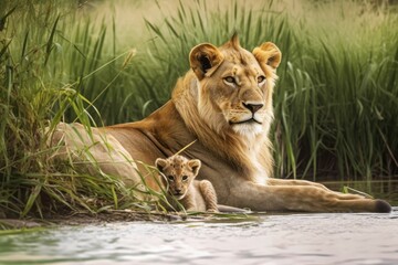 Fototapeta na wymiar In Africa, a lion and his youngster rest on the water's edge. Generative AI