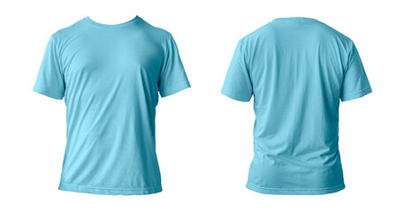 Blank blue clean t-shirt mockup, isolated, front view. Empty tshirt model mock up. Clear fabric...
