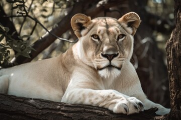 Isolated white female lion lying on a tree branch. Generative AI