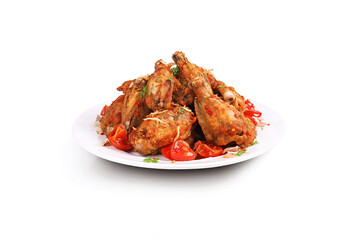 A plate of baked chicken wings in the asian style and tomatoes sauce, food photography isolated on white background. Created with Generative AI Technology