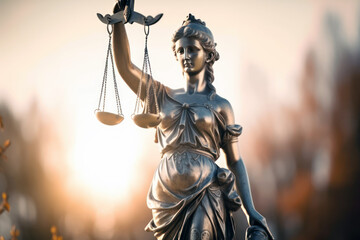Statue of Justice holding scales on blur background. Law concept. Generative AI