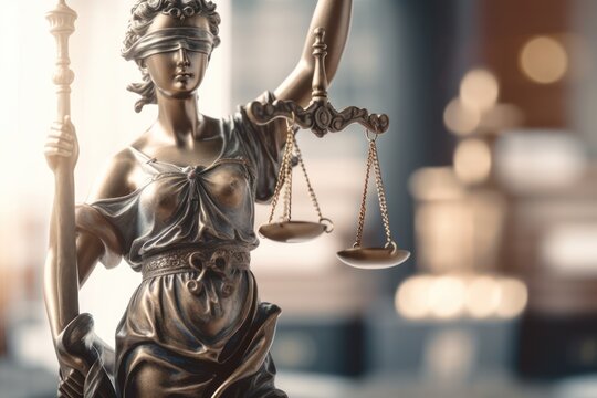 Judge office, Lady Justice with scales statue on office background. Law concept. Generative AI