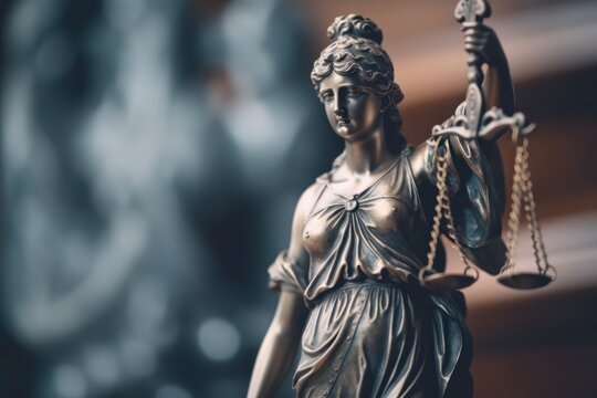 Judge office, Lady Justice with scales statue on office background. Law concept. Generative AI