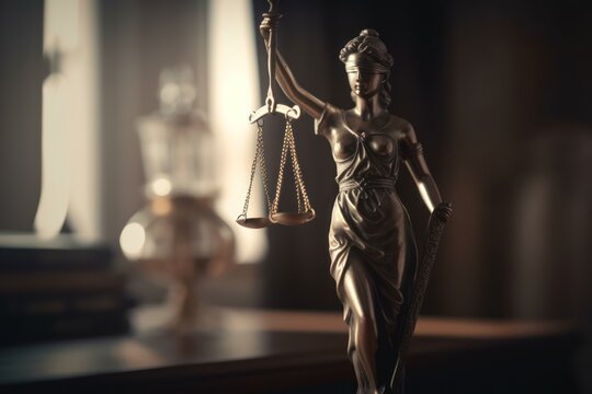 Judge office, Lady Justice with scales statue on office background. Law concept. Generative AI