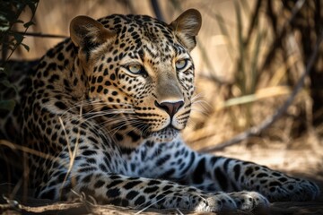 Fototapeta na wymiar A wild leopard rests in the shade of a bush. Generative AI