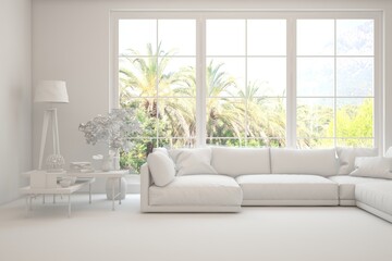 Grey living room concept with sofa and summer landscape in window. Scandinavian interior design. 3D illustration