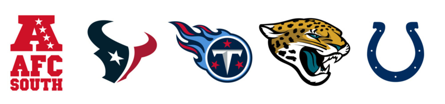 Vector Logos Of American Football Conference South Teams. Houston Texans. Tennessee Titans. Jacksonville Jaguars. Indianapolis Colts