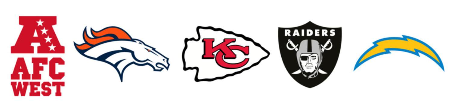 Vector logos of American Football Conference West teams. Denver Broncos. Kansas City Chiefs. Las Vegas Raiders. Los Angeles Chargers