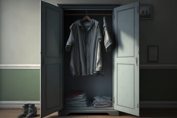 Fototapeta na wymiar Empty grey wardrobe with the doors open, hyperrealism