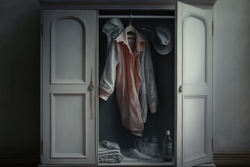 Empty grey wardrobe with the doors open, hyperrealism