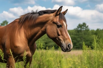a brown juvenile horse eats in the wilderness. Generative AI