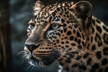 Fototapeta na wymiar Leopard up close. selectively focused background with text copy. Generative AI